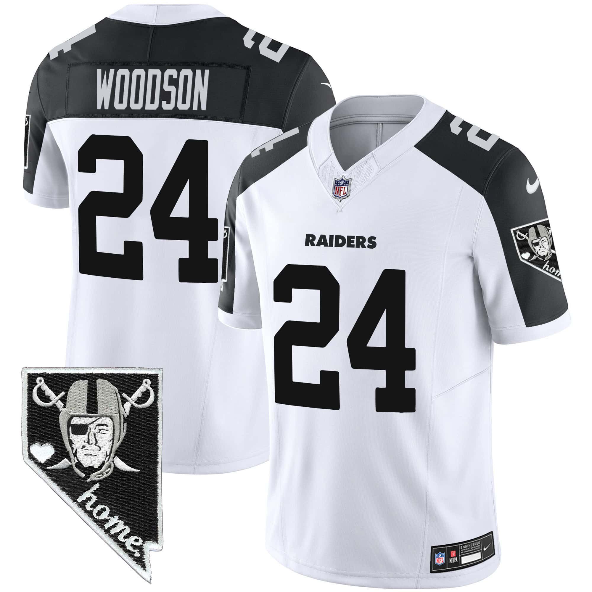 Men Oakland Raiders #24 Woodson White 2024 Nike Nevada Home Patch Vapor NFL Jersey style 1